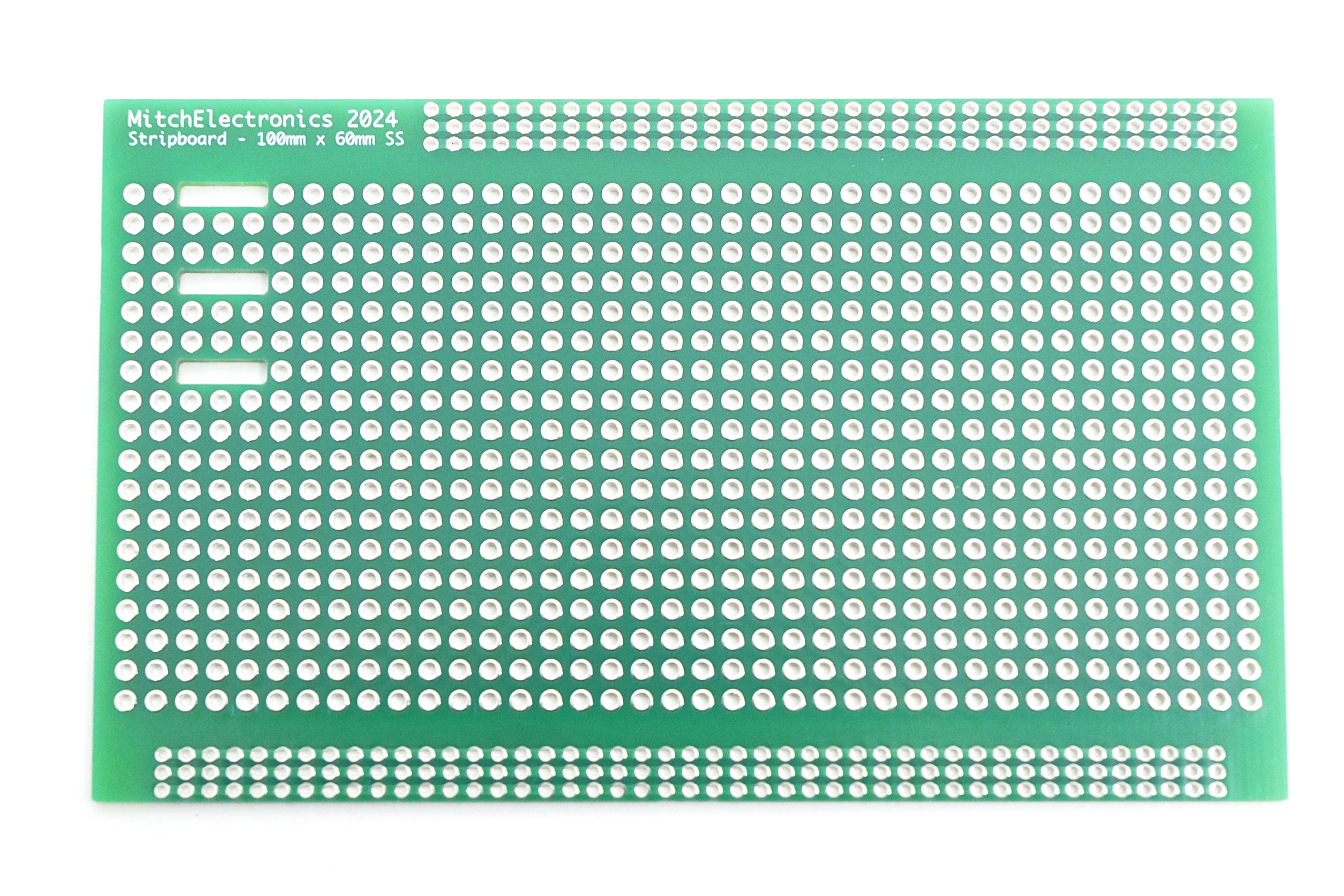 Top view of the ME 100 by 60 millimetre single-sided stripboard